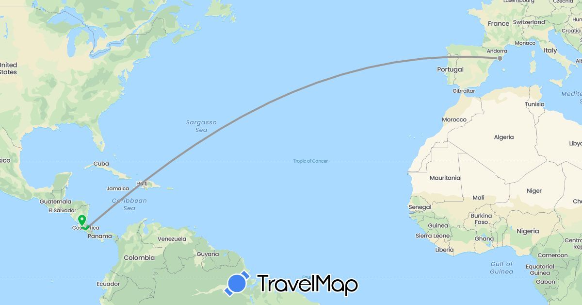 TravelMap itinerary: driving, bus, plane in Costa Rica, Spain (Europe, North America)